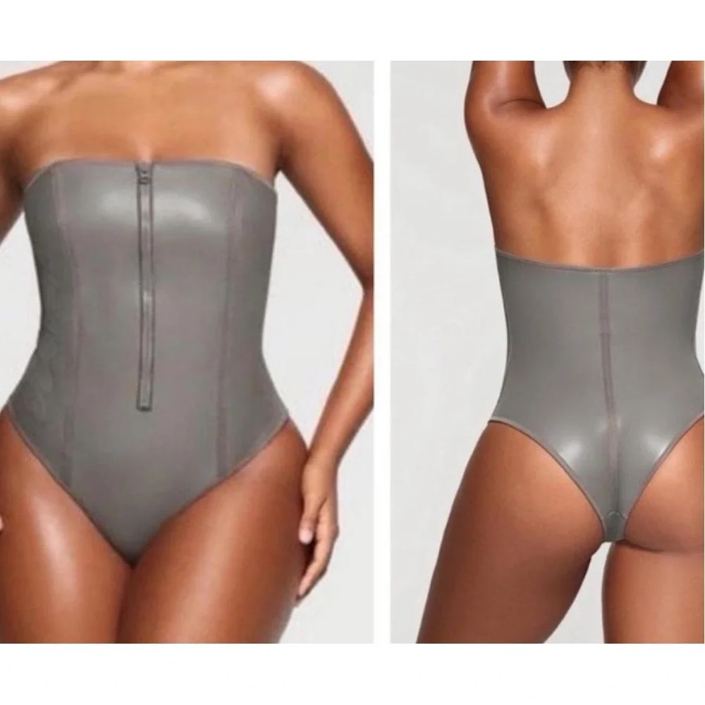 New Rare Skims Rubberized Scuba Swim Strapless One Piece Swimsuit Medium Gray